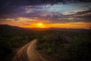 dirt road, mountains, sunset